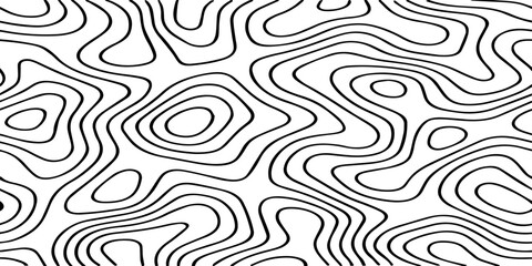 Abstract Black Topographic Contour Lines on a Minimal White Background Creating a Modern Geometric Map-Inspired Pattern.
