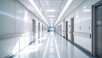 Expansive and brightly lit modern hospital corridor with numerous doors, evoking a sense of quiet professionalism, advanced healthcare facilities, and the journey through patient care
