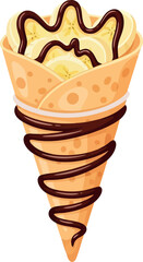 Delicious vanilla ice cream cone drizzled with chocolate syrup sweet treat vector