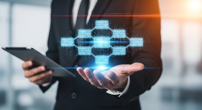 Businessman holding a digital network structure in his hand