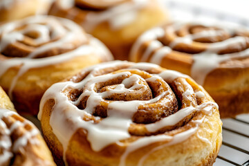 Fototapeta premium Delicious close up of freshly baked cinnamon rolls topped with creamy glaze perfect for baking inspiration