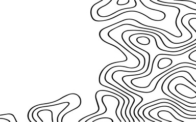 Abstract Black Topographic Contour Lines on a Minimal White Background Creating a Modern Geometric Map-Inspired Pattern.
