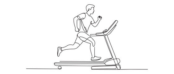 Single continuous line drawing of young sportive man training speed run with treadmill in sport gymnasium club center. Fitness stretching concept. Vector black silhouette. with white background