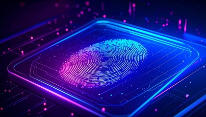 Futuristic digital fingerprint on a glowing circuit board, representing advanced biometric security and personal data protection in a high-tech environment