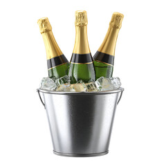 Champagne celebration: Three chilled bottles in bucket with ice on dark backdrop