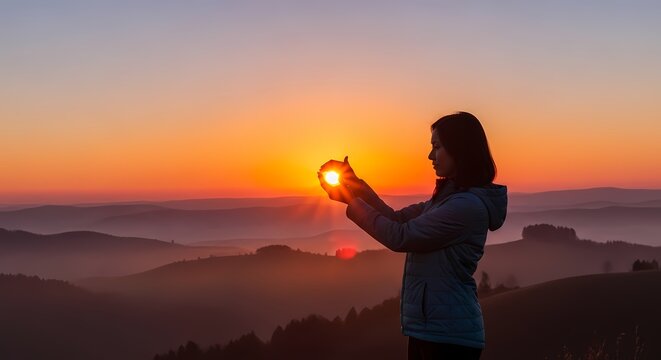 The woman making frame round the sun with her hands in sunrise,Future planning idea concept