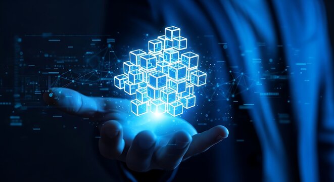 Person holding a glowing blue cube structure in their palm