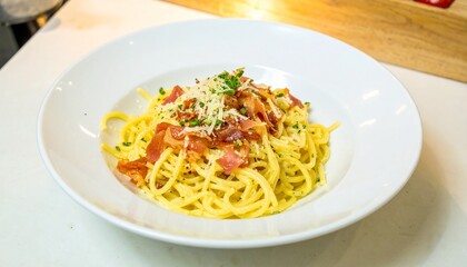 Delicious creamy spaghetti topped with crispy bacon, grated Parmesan, and fresh herbs, served in a white bowl. A comforting homemade Italian meal