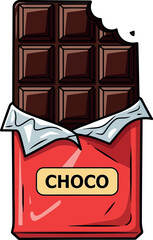 Delicious dark chocolate bar with bite mark red wrapper sweet treat food illustration vector