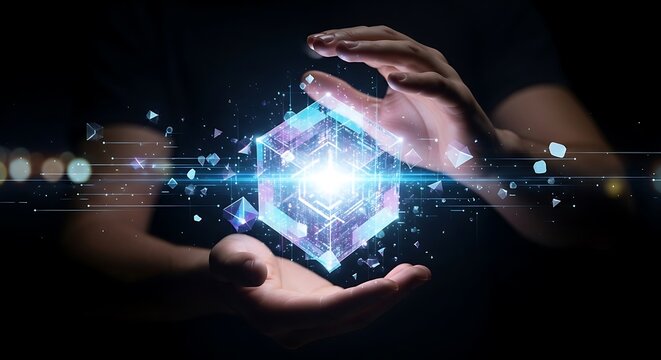 Hands holding a complex geometric shape with light effect