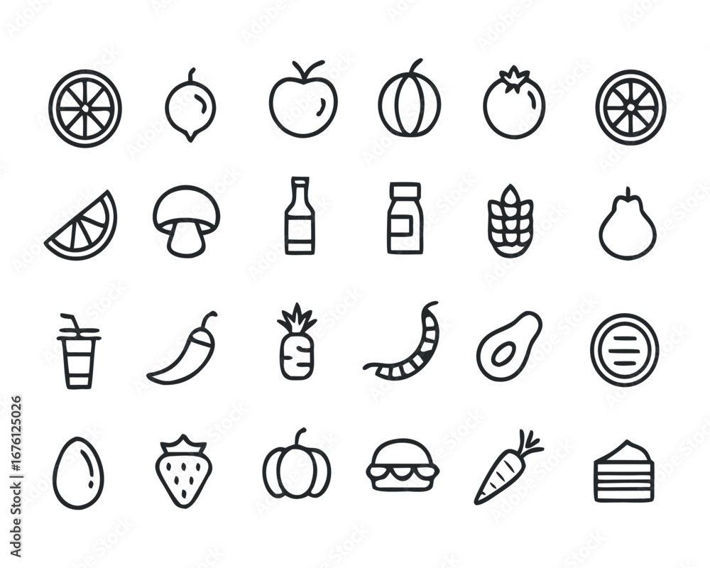 Poster collection of minimalistic outline icons featuring food and drink illustrations for web design and u
