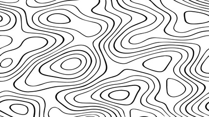 Abstract Black Topographic Contour Lines on a Minimal White Background Creating a Modern Geometric Map-Inspired Pattern.
