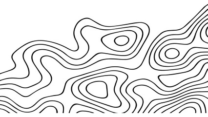 Abstract Black Topographic Contour Lines on a Minimal White Background Creating a Modern Geometric Map-Inspired Pattern.
