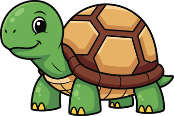 Cute cartoon turtle with a smiling face and hexagonal shell, designed in a playful and colorful style for kids' illustrations.