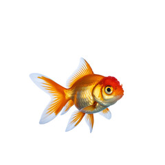 A beautiful orange goldfish with flowing fins swims against a stark black background
