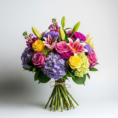 Fototapeta premium Vibrant Bouquet of Roses, Lilies, and Hydrangeas on a White Background