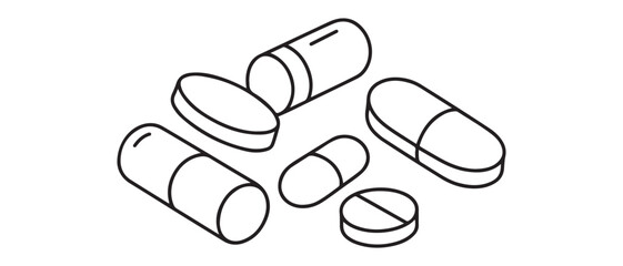 Single one line drawing set of pills and capsules isometric icon. painkillers, antibiotics, vitamins and aspirin. Vector black silhouette. with white background