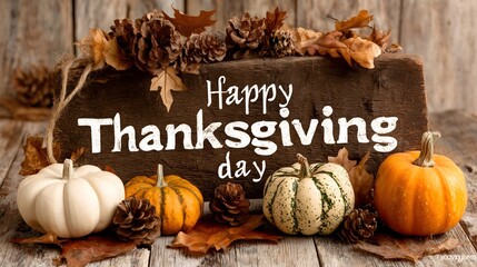 Celebrating Thanksgiving with a rustic wooden sign and autumn decorations featuring pumpkins, pine cones, and leaves