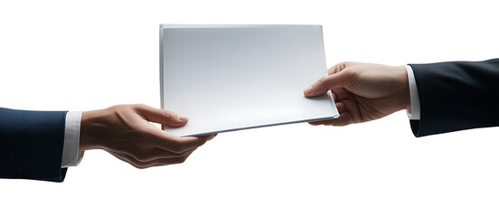 Two hands in suits passing a blank white document against a dark background