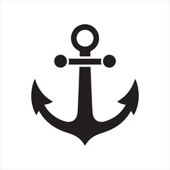Simple black silhouette of a classic nautical anchor on a white background