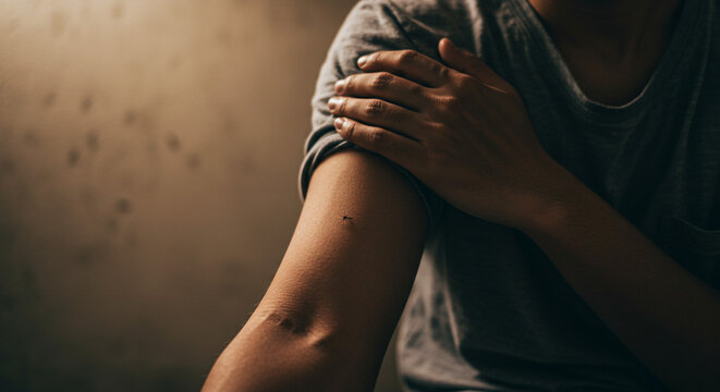 Worried man with mosquito on arm showcases public health awareness for tropical diseases and insect bites