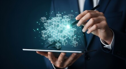 Businessman using tablet to manipulate a digital cluster of cubes