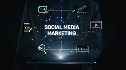 Social media marketing strategy with engagement metrics. Social marketing boosts media visibility....