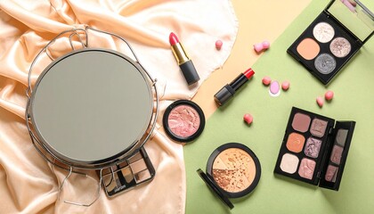 Fototapeta premium Vibrant flat lay of essential makeup products eyeshadow palettes, lipsticks, blush, powder, and a mirror, artfully arranged for a refined beauty routine