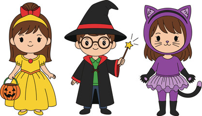 Fun Halloween Kids Costumes: Princess, Wizard, and Cat Outfit for Trick or Treating, Cute Halloween Character Illustration, Festive