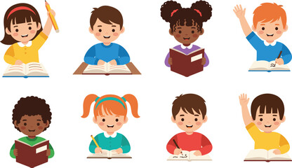 Engaged Children Reading and Writing: Cute Kids with Books and Pencils, Learning and Education Concept, Happy Faces