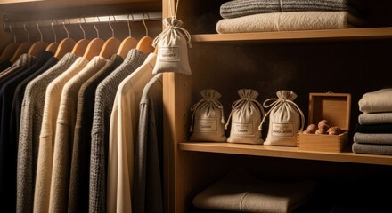 Organized, warm closet with clothes, sachets, and wooden accents