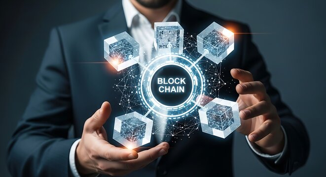 Businessman holding a glowing blockchain network with qr codes in his hands