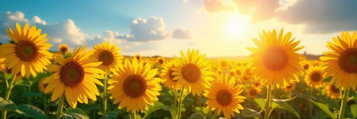 Obraz premium A vibrant sun shines down on a field of blooming sunflowers, creating a scene of pure, joyful, summer bliss Perfect for representing happiness and positivity , optimism, blossoming, nature