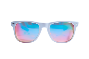 Stylish white framed sunglasses with iridescent lenses reflecting pink and blue colors on a black background