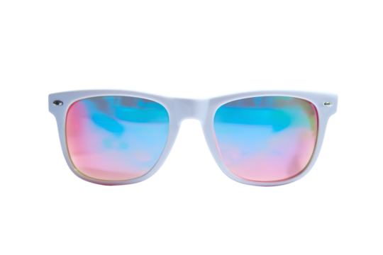 Stylish white framed sunglasses with iridescent lenses reflecting pink and blue colors on a black background