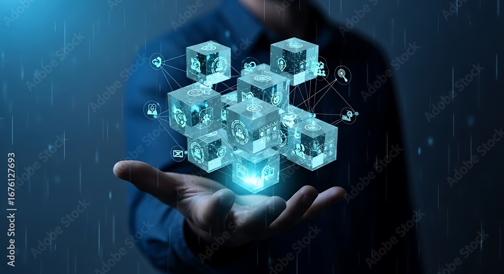 Poster man holding glowing cubes representing blockchain technology and data network, tote bag mockup, canv