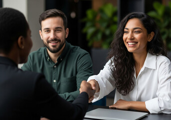 Business meeting with diverse professionals shaking hands, smiling, and discussing plans around a table