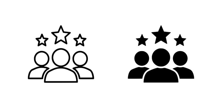 Outline and solid black vector icon of a group of three people with three stars above symbolizing feedback