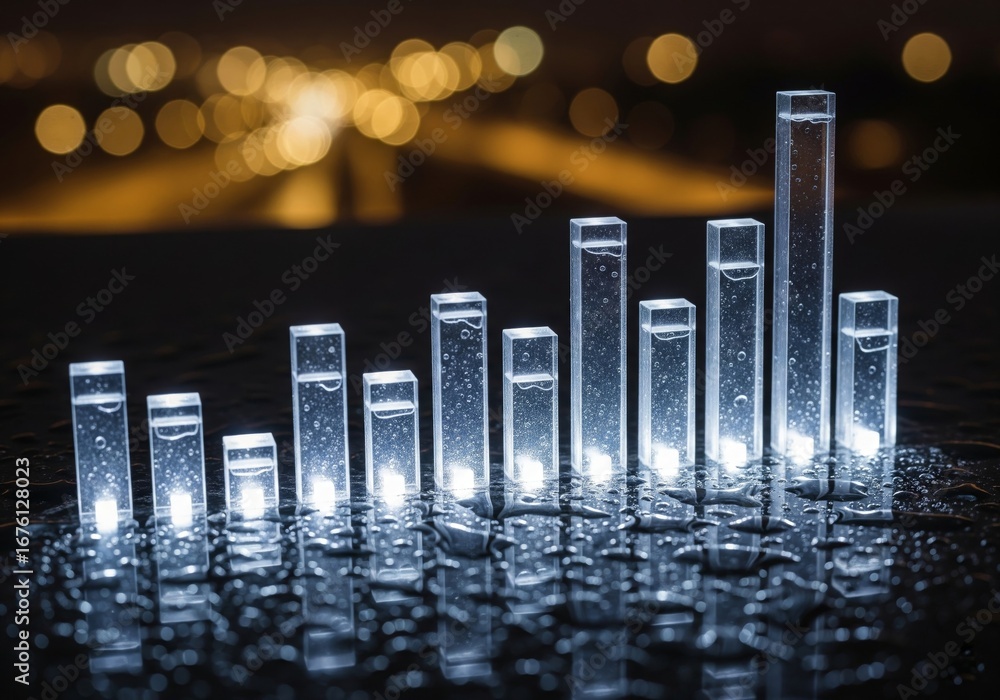 Poster abstract representation of financial growth or data analysis using illuminated glass bars on a dark,