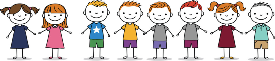 Group of Happy Cartoon Kids Holding Hands Diverse Children in Colorful Clothes, Friendship, Smiling Faces, Unity Concept