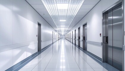 Fototapeta premium Bright, clean, modern hallway with reflective floors, multiple doors, and elevators, conveying sterile efficiency and contemporary architectural design