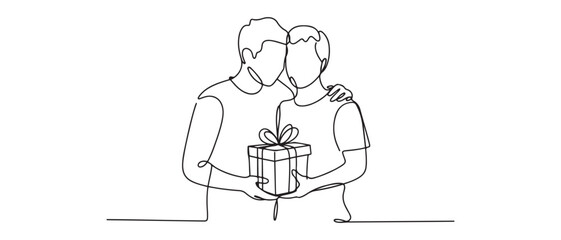 Single continuous line drawing couple holding packaged present together. Romantic surprise gift box. Vector black silhouette. with white background