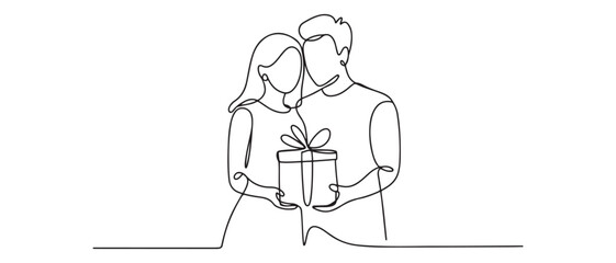 Single continuous line drawing couple holding packaged present together. Romantic surprise gift box. Vector black silhouette. with white background