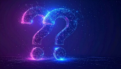 Glowing Digital Question Marks Formed by Interconnected Particles, Representing Uncertainty, Inquiry, and Solutions in a Futuristic Tech Environment
