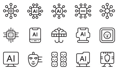 Outline vector icons of AI, neural network, chip, processor, automation, and computing for innovation, robotics, and software design concepts