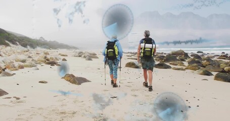 senior couple hiking beach starting data visualization with drifting blue spheres and waveforms - Powered by Adobe