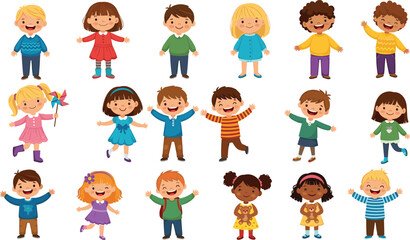Group of joyful cartoon children in colorful outfits, smiling and playing, diverse kids with different hair colors and styles.