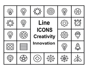 Collection of Black and White Line Icons Representing Creativity and Innovation for Digital Design and User Interface Elements
