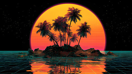 Vaporwave, Synthwave aesthetic retro futuristic style with vibrant color palette. Magic orange poster 80s sunset tropical backgrounds holographic water beach grid virtual landscape