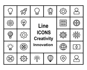 Collection of Simple Line Icons Representing Innovation Creativity and Ideas in a Grid Pattern White Background